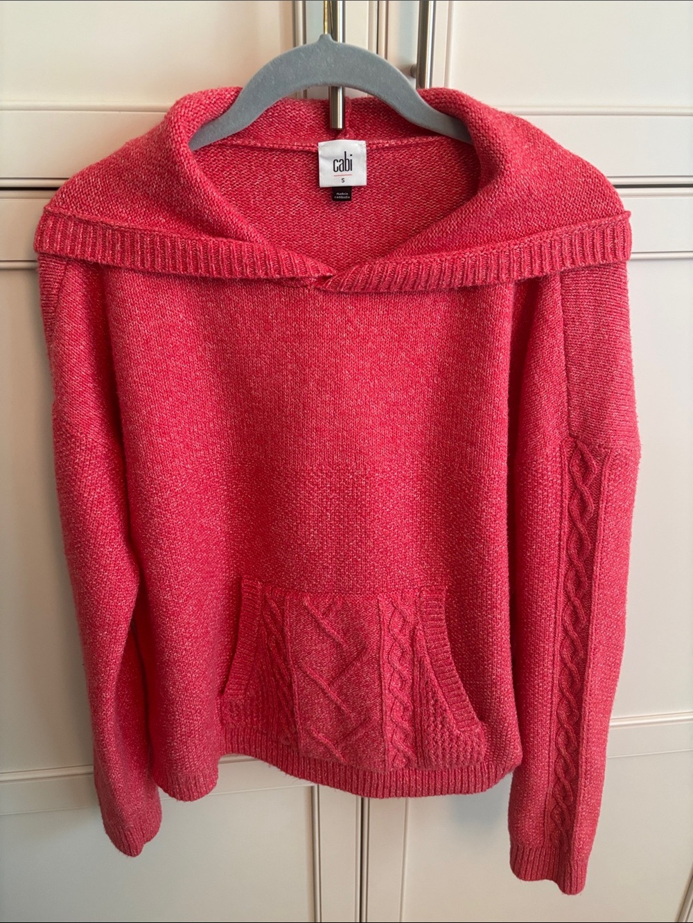 CAbi Coral-Pink Funnel Neck Cable Pocket Sweater